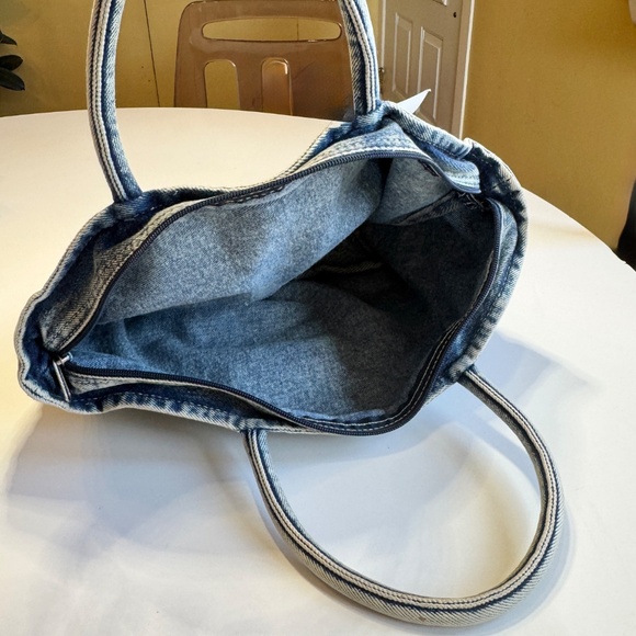 Vintage 80s denim purse, NWT acid-washed denim, Together / Feelings, spot stains - Picture 5 of 9